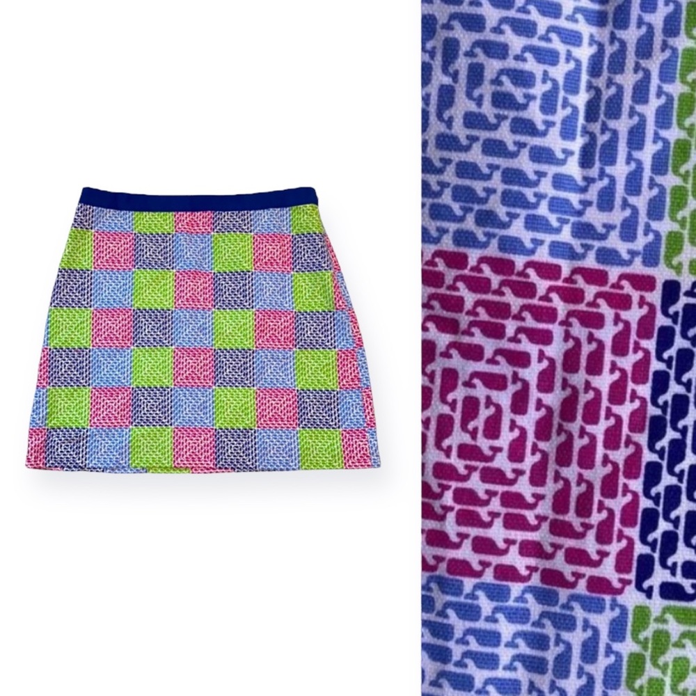 Vineyard Vines Y2K Patchwork Whale Print Skirt - size women’s 4 pink blue green
